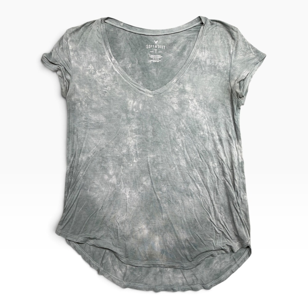 American Eagle Soft & Sexy V-Neck Tee Grey Tie Dye Acid Wash Short Sleeve M